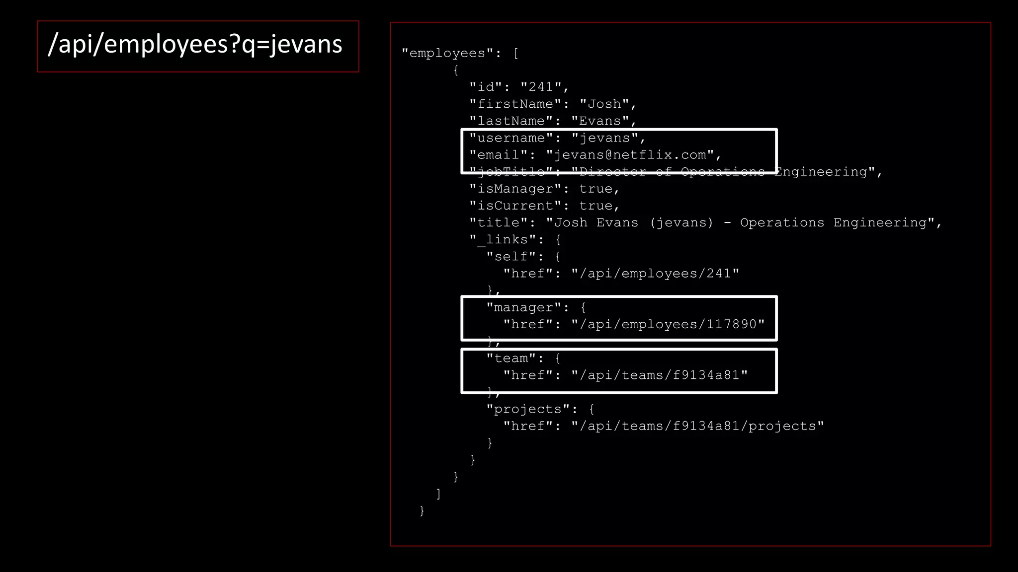 /api/employees?q=jevans "employees": [
{
"id": "241",
"firstName": "Josh",
"lastName": "Evans",
"username": "jevans",
"email": "jevans@netflix.com",
"jobTitle": "Director of Operations Engineering",
"isManager": true,
"isCurrent": true,
"title": "Josh Evans (jevans) - Operations Engineering",
"_links": {
"self": {
"href": "/api/employees/241"
},
"manager": {
"href": "/api/employees/117890"
},
"team": {
"href": "/api/teams/f9134a81"
},
"projects": {
"href": "/api/teams/f9134a81/projects"
}
}
}
]
}
 