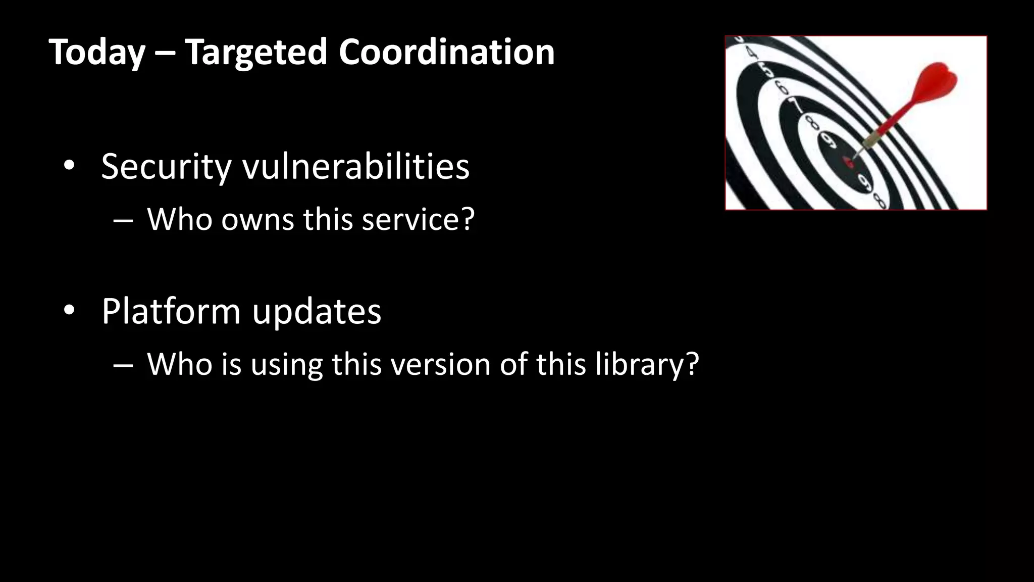 • Security vulnerabilities
– Who owns this service?
• Platform updates
– Who is using this version of this library?
Today – Targeted Coordination
 