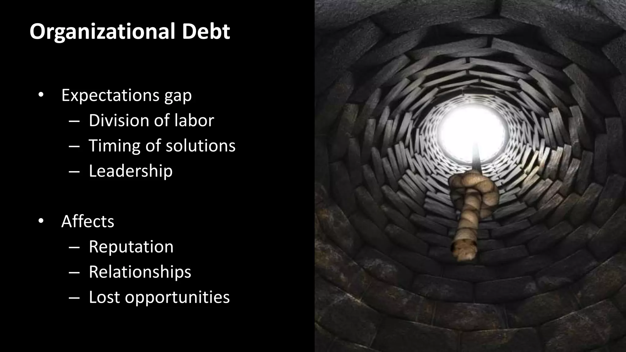 • Expectations gap
– Division of labor
– Timing of solutions
– Leadership
• Affects
– Reputation
– Relationships
– Lost opportunities
Organizational Debt
 