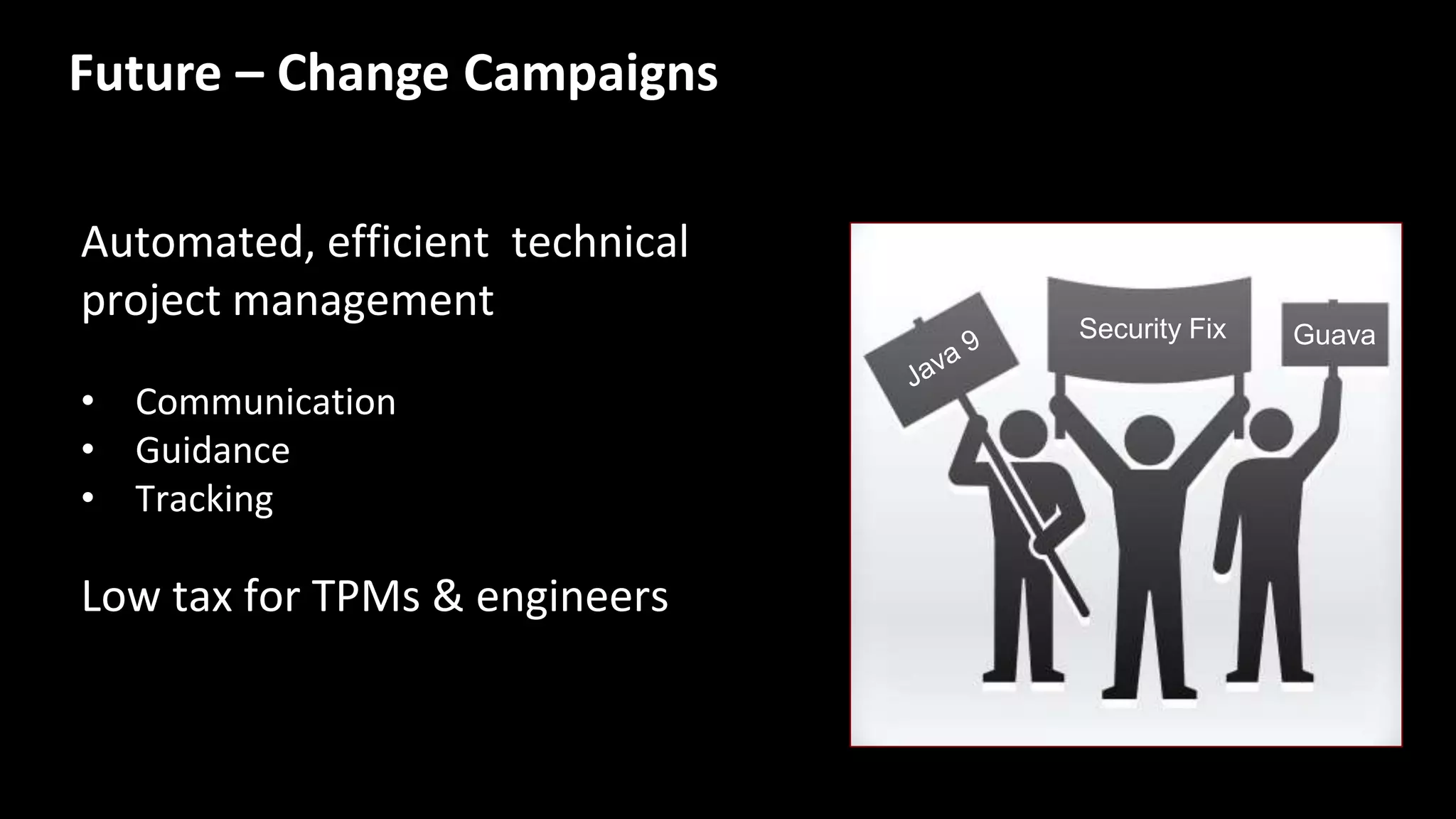 Automated, efficient technical
project management
• Communication
• Guidance
• Tracking
Low tax for TPMs & engineers
Security Fix Guava
Future – Change Campaigns
 