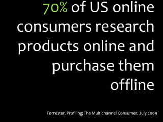 70% of US online
consumers research
products online and
    purchase them
             offline
    Forrester, Profiling The Multichannel Consumer, July 2009
 