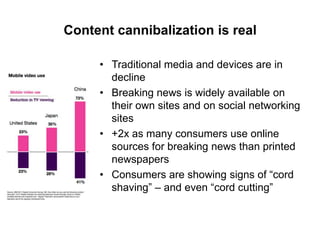 Content cannibalization is real
• Traditional media and devices are in
decline
• Breaking news is widely available on
their own sites and on social networking
sites
• +2x as many consumers use online
sources for breaking news than printed
newspapers
• Consumers are showing signs of “cord
shaving” – and even “cord cutting”

 