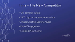 Time - The New Competitor
• ‘On-demand’ culture
• 24/7, high service level expectations
• Amazon, Netflix, Spotify, Paypal...
