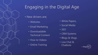 Engaging in the Digital Age
• New drivers are;
• Websites
• Email Marketing
• Downloadable
Technical Content
• How-to Vide...