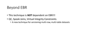 Beyond EBR
• This technique is NOT dependent on EBR!!!
• QC, Spook Joins, Virtual Integrity Constraints
• A new technique for versioning multi-row, multi-table datasets
 