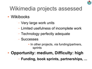 Wikimedia projects assessed
●   Wikibooks
       –   Very large work units
       –   Limited usefulness of incomplete work
       –   Technology perfectly adequate
       –   Successes
               ●   In other projects, via funding/partners,
                     sprints
●   Opportunity: medium, Difficulty: high
       –   Funding, book sprints, partnerships, ...
 