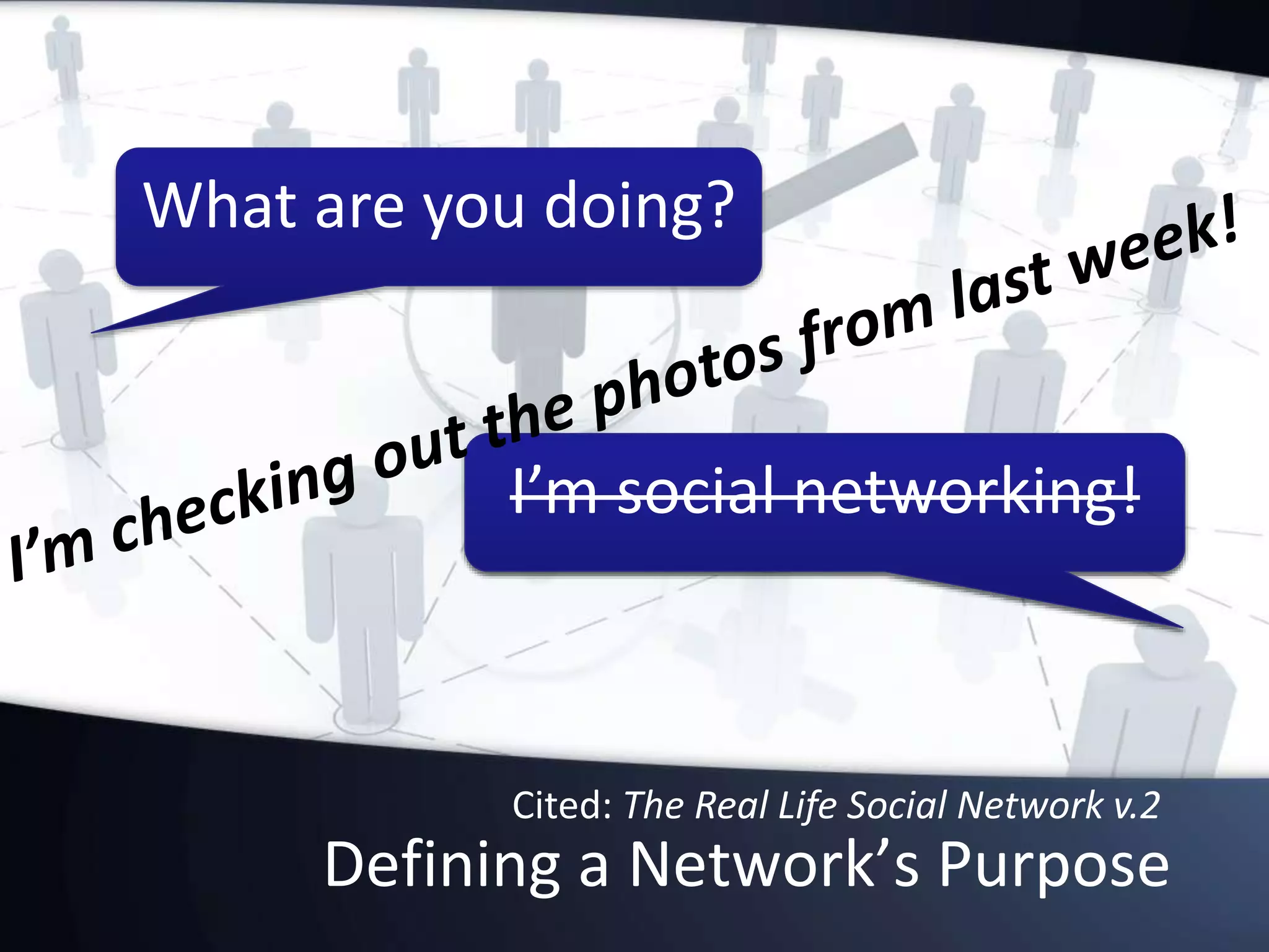 Defining a Network’s Purpose
Cited: The Real Life Social Network v.2
What are you doing?
I’m social networking!I’m social networking!
 