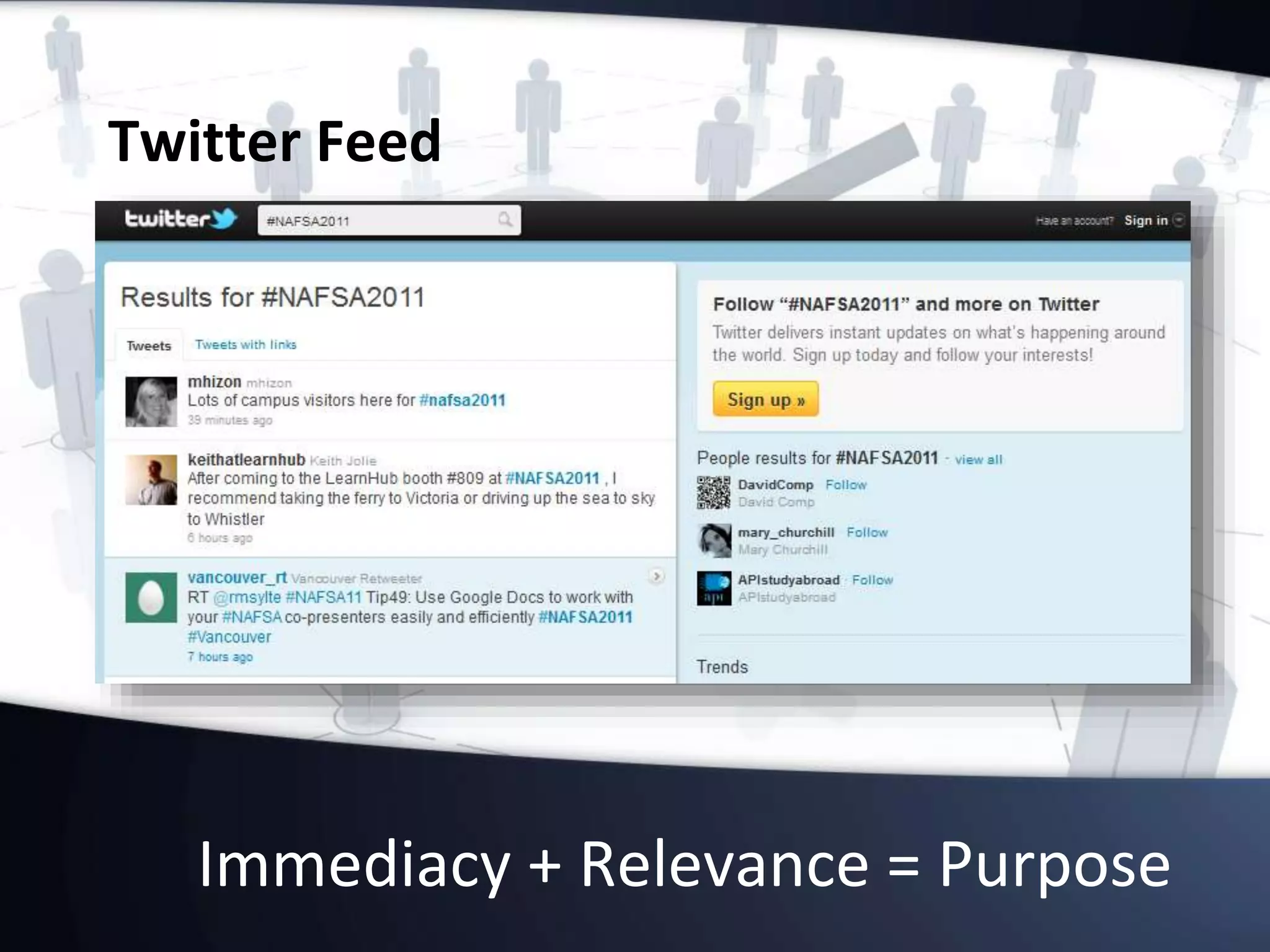 Immediacy + Relevance = Purpose
Twitter Feed
 