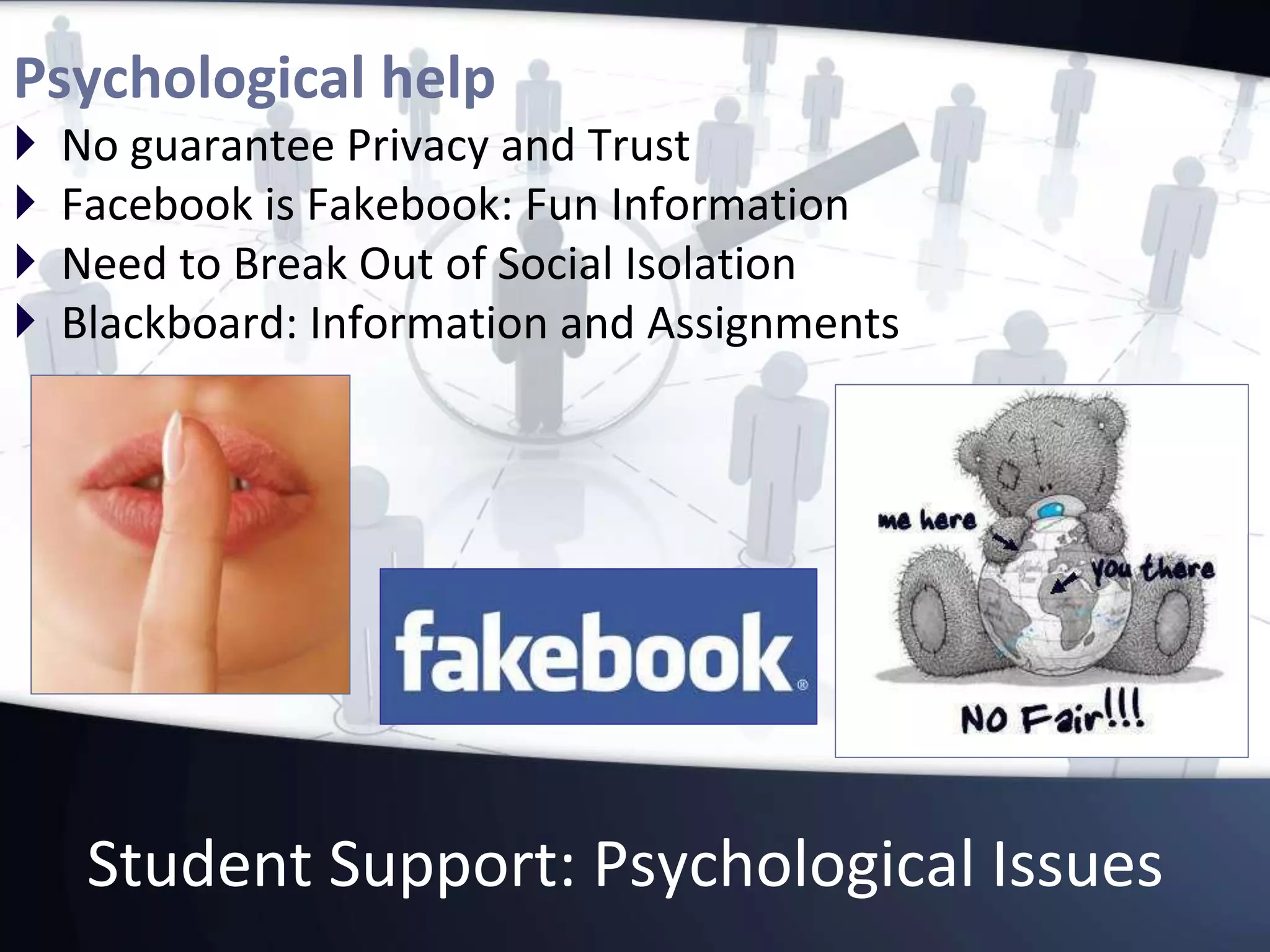 Student Support: Psychological Issues
Psychological help
 No guarantee Privacy and Trust
 Facebook is Fakebook: Fun Information
 Need to Break Out of Social Isolation
 Blackboard: Information and Assignments
 