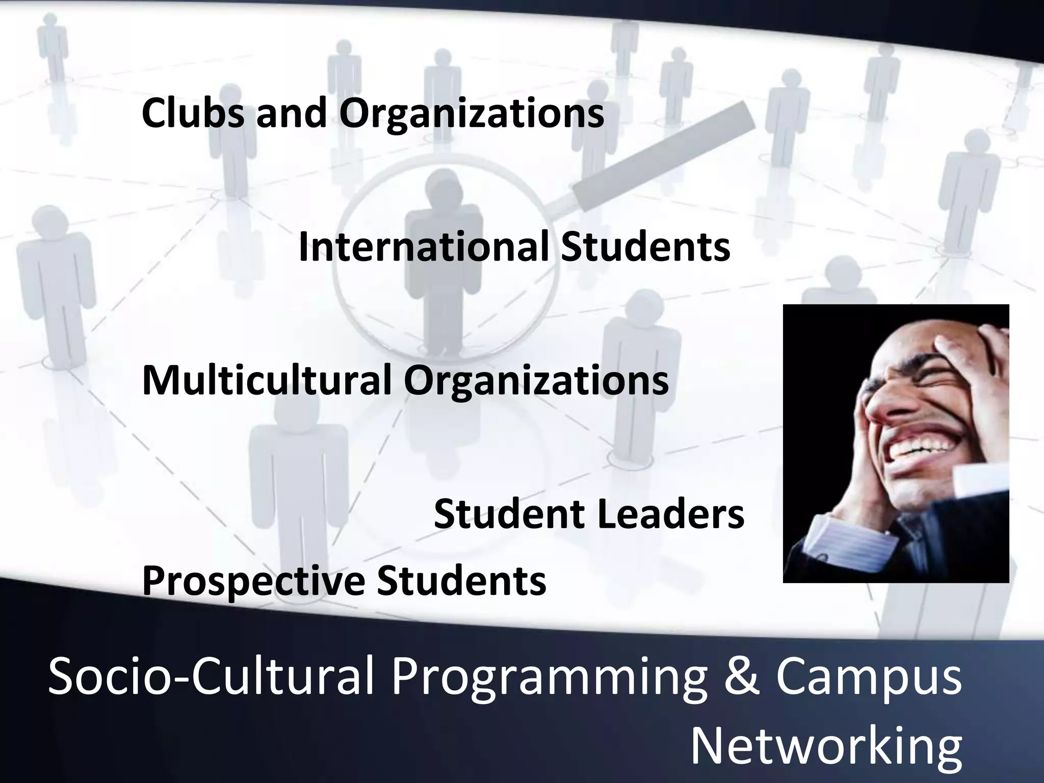 Socio-Cultural Programming & Campus
Networking
Clubs and Organizations
International Students
Multicultural Organizations
Student Leaders
Prospective Students
 