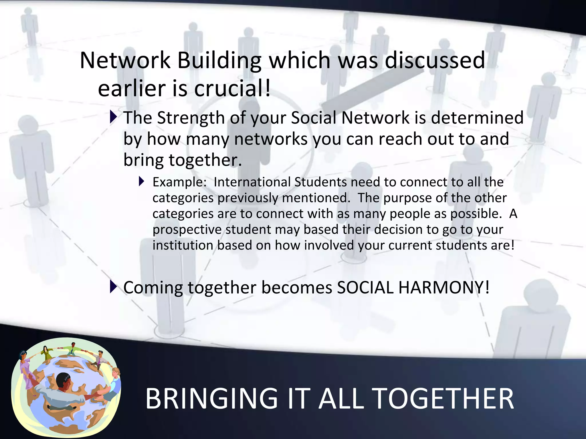 BRINGING IT ALL TOGETHER
Network Building which was discussed
earlier is crucial!
 The Strength of your Social Network is determined
by how many networks you can reach out to and
bring together.
 Example: International Students need to connect to all the
categories previously mentioned. The purpose of the other
categories are to connect with as many people as possible. A
prospective student may based their decision to go to your
institution based on how involved your current students are!
 Coming together becomes SOCIAL HARMONY!
 