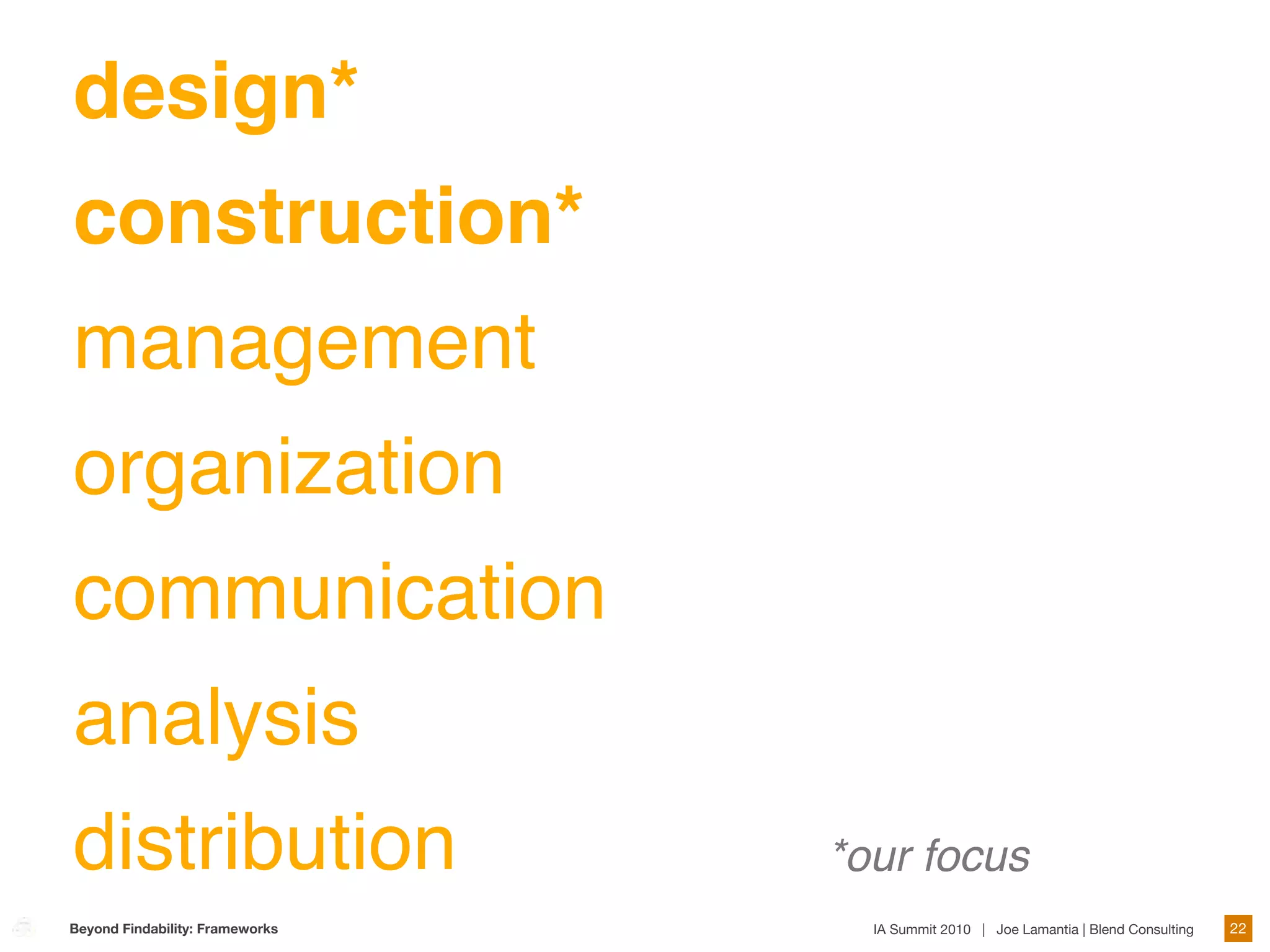 design*
construction*
management
organization
communication
analysis
distribution                     *our focus
Beyond Findability: Frameworks     IA Summit 2010 | Joe Lamantia | Blend Consulting   22
 