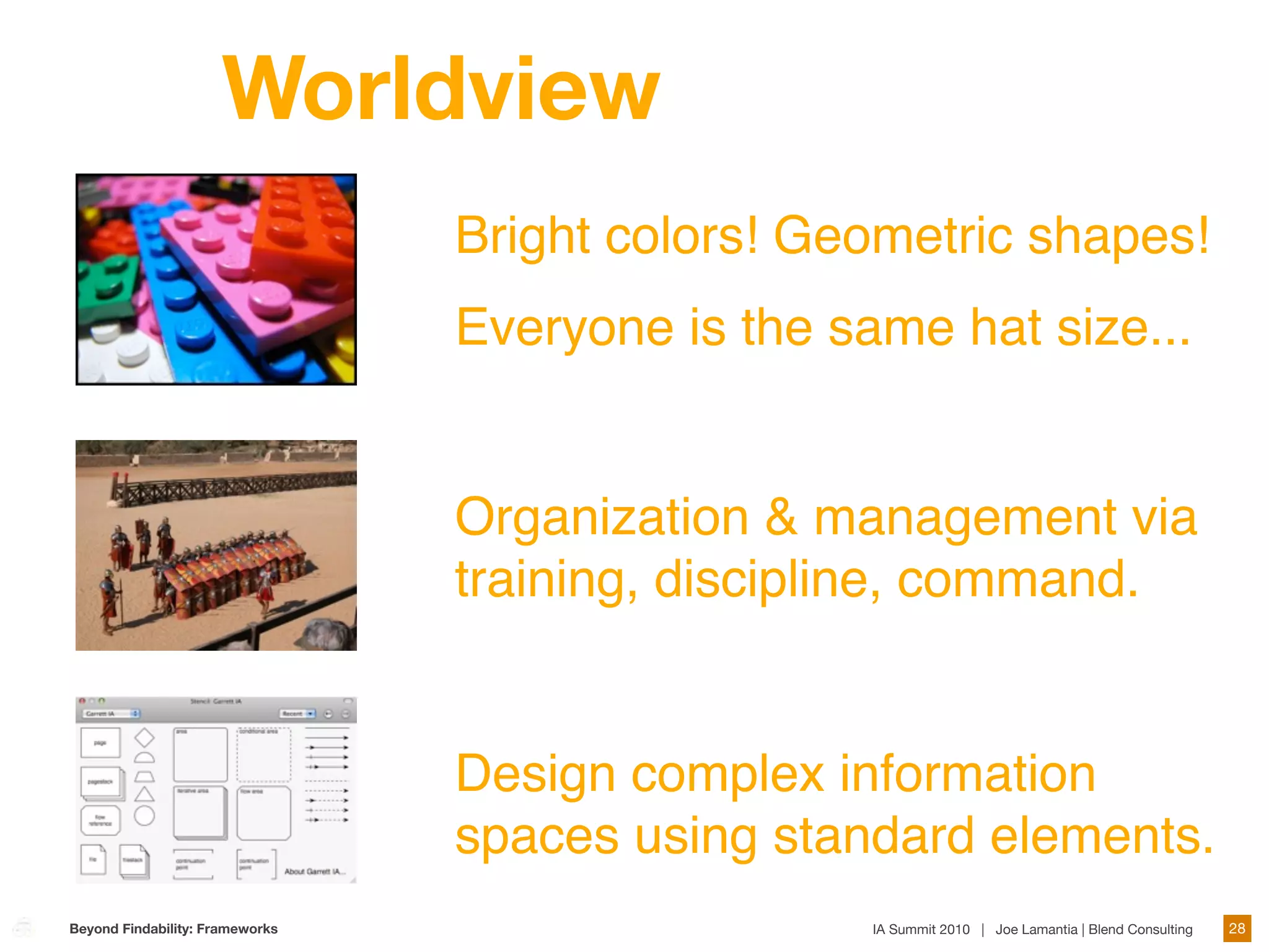 Worldview
                                 Bright colors! Geometric shapes!
                                 Everyone is the same hat size...


                                 Organization & management via
                                 training, discipline, command.


                                 Design complex information
                                 spaces using standard elements.
Beyond Findability: Frameworks                     IA Summit 2010 | Joe Lamantia | Blend Consulting   28
 