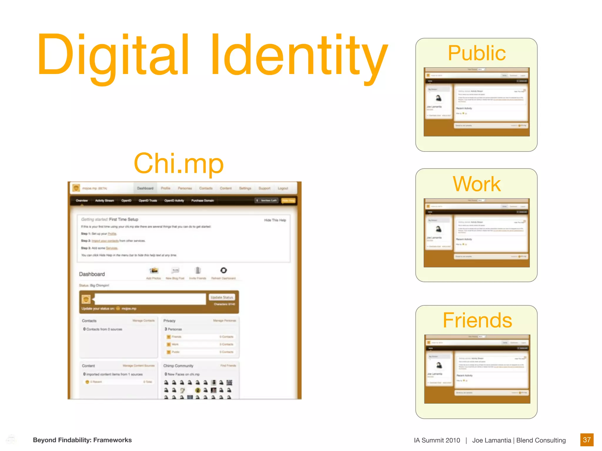 Digital Identity                                    Public




                                 Chi.mp
                                                      Work




                                                  Friends




Beyond Findability: Frameworks            IA Summit 2010 | Joe Lamantia | Blend Consulting   37
 