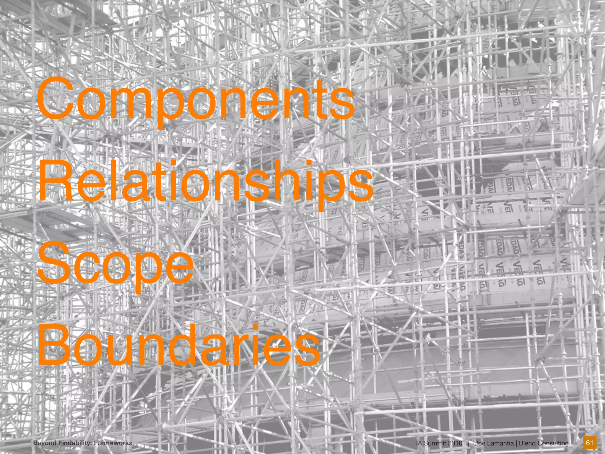 Components
Relationships
Scope
Boundaries
Beyond Findability: Frameworks   IA Summit 2010 | Joe Lamantia | Blend Consulting   61
 