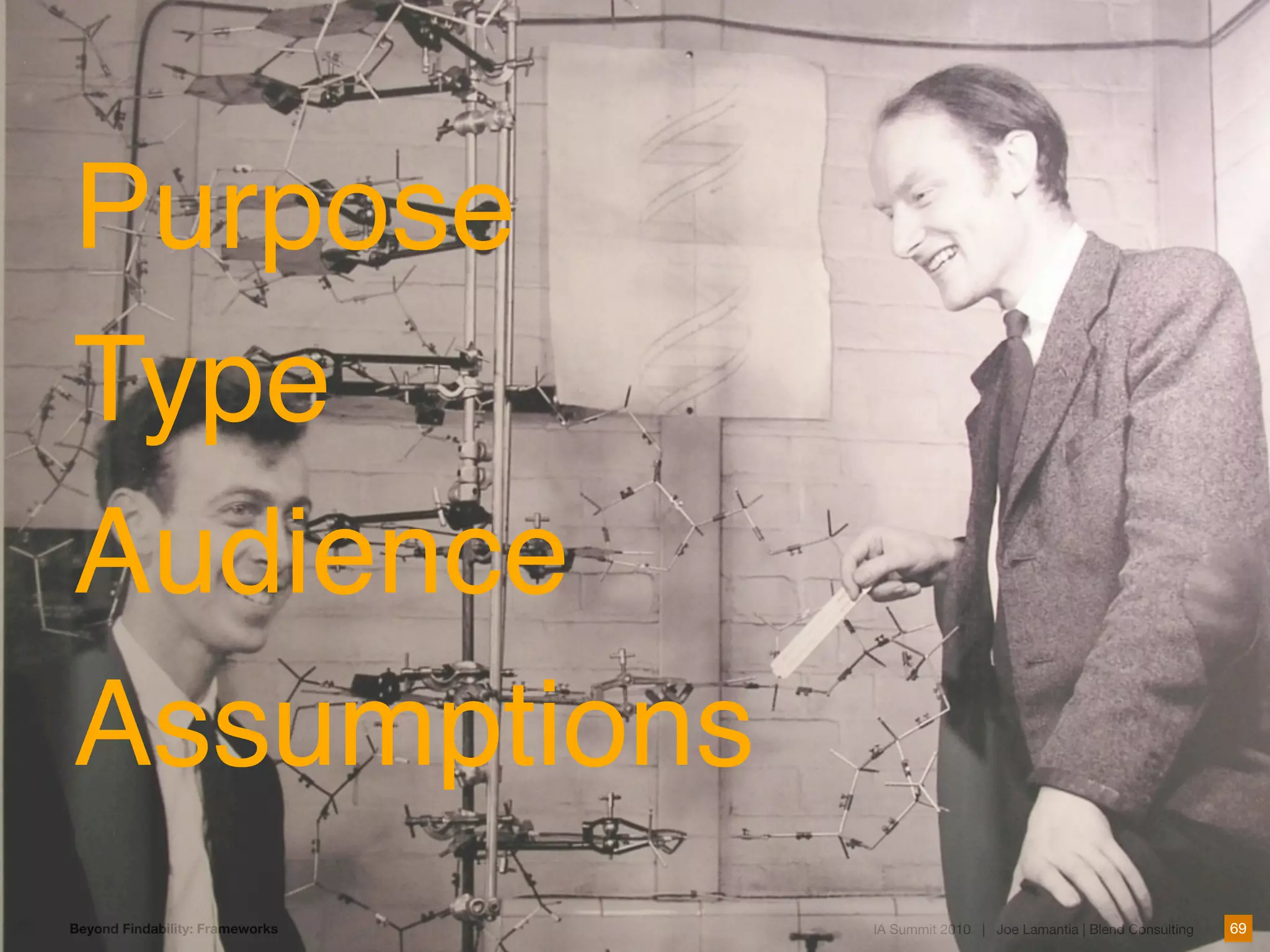 Purpose
Type
Audience
Assumptions
Beyond Findability: Frameworks   IA Summit 2010 | Joe Lamantia | Blend Consulting   69
 