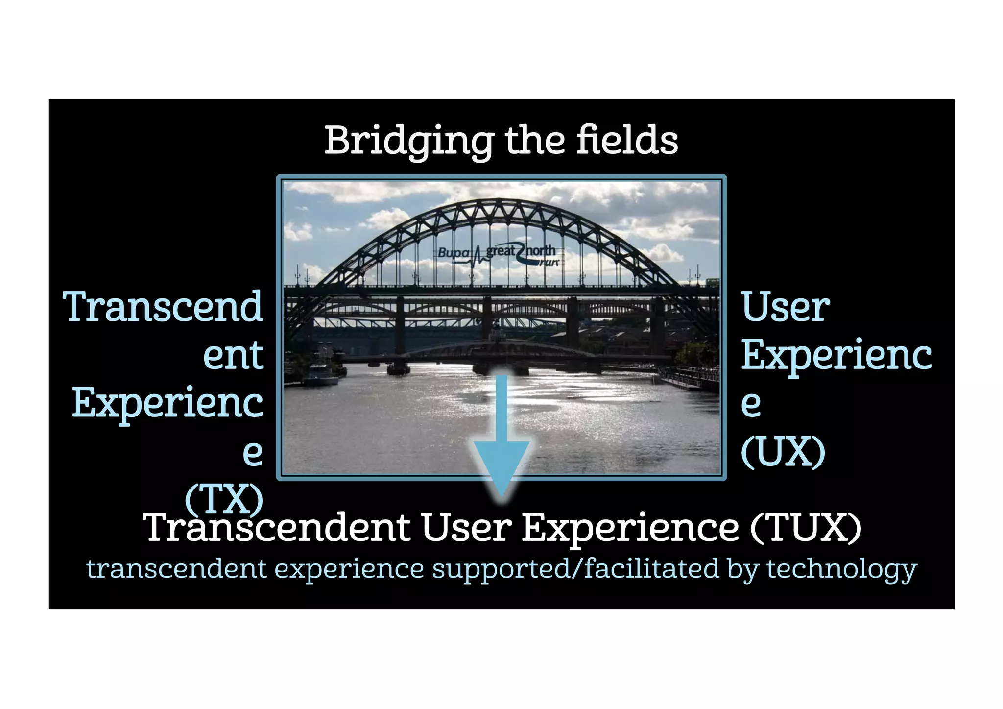 Bridging the ﬁelds
Transcend
ent
Experienc
e
(TX)
User 
Experienc
e
(UX)
transcendent experience supported/facilitated by technology
Transcendent User Experience (TUX)
 