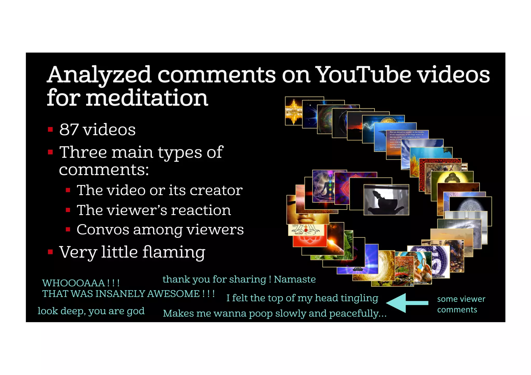 Analyzed comments on YouTube videos
for meditation
!  87 videos
!  Three main types of
comments:
!  The video or its creator
!  The viewer’s reaction
!  Convos among viewers
!  Very little ﬂaming
WHOOOAAA ! ! !
THAT WAS INSANELY AWESOME ! ! !
thank you for sharing ! Namaste
I felt the top of my head tingling
look deep, you are god Makes me wanna poop slowly and peacefully…
some	viewer	
comments	
 