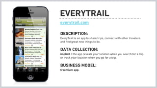 EVERYTRAIL
everytrail.com

DESCRIPTION:
EveryTrail is an app to share trips, connect with other travelers
and ﬁnd great ne...