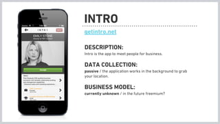 INTRO
getintro.net

DESCRIPTION:
Intro is the app to meet people for business.

DATA COLLECTION:
passive / the application...