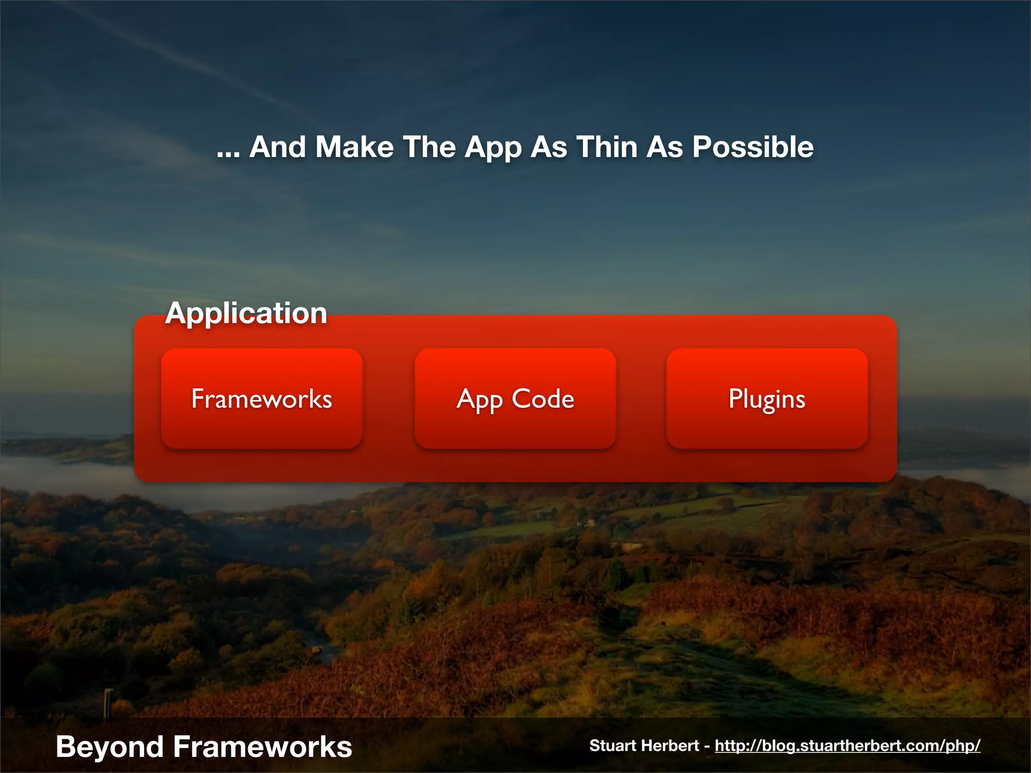 ... And Make The App As Thin As Possible




      Application

       Frameworks        App Code                     Plugins




Beyond Frameworks                   Stuart Herbert - http://blog.stuartherbert.com/php/
 