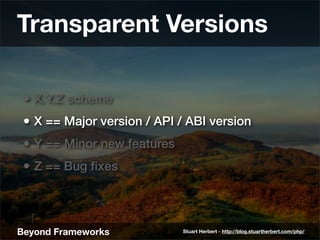 Transparent Versions

 • X.Y.Z scheme
 • X == Major version / API / ABI version
 • Y == Minor new features
 • Z == Bug ﬁxe...