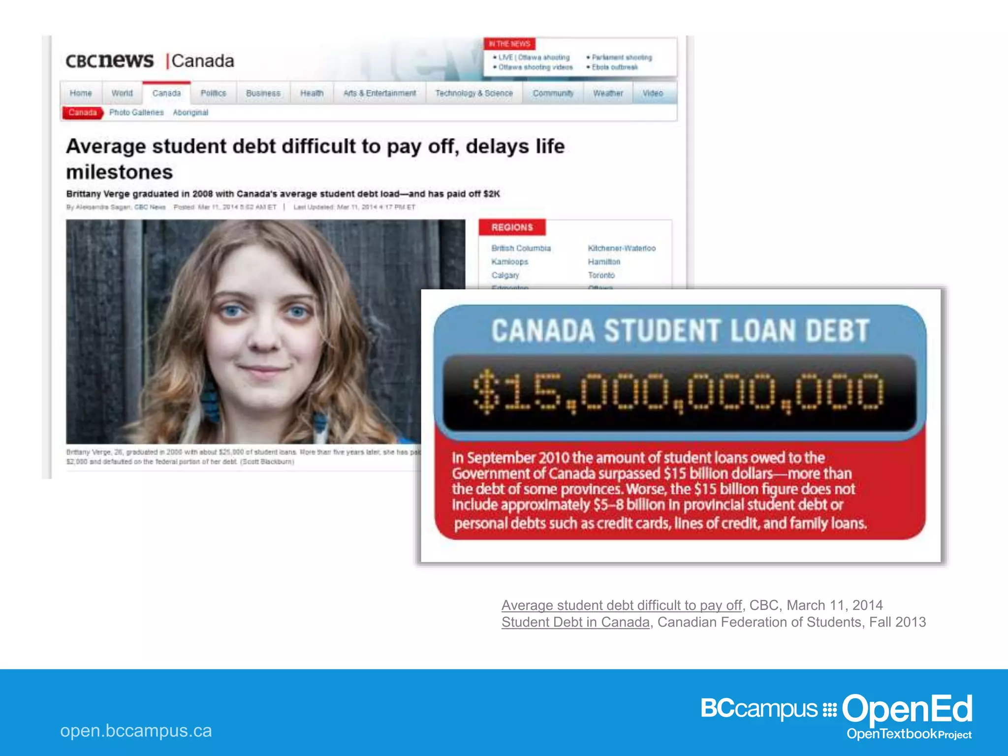 Average student debt difficult to pay off, CBC, March 11, 2014
Student Debt in Canada, Canadian Federation of Students, Fall 2013
 