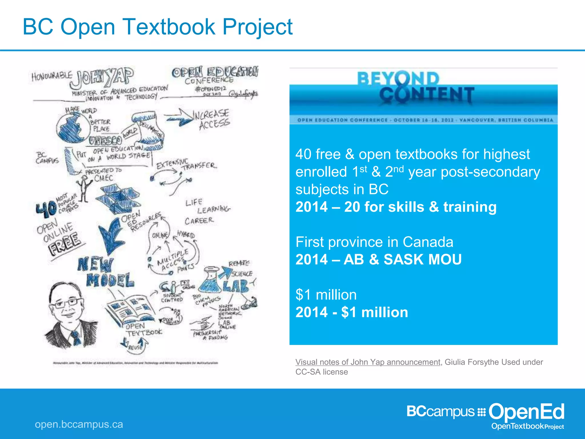 BC Open Textbook Project
40 free & open textbooks for highest
enrolled 1st & 2nd year post-secondary
subjects in BC
2014 – 20 for skills & training
First province in Canada
2014 – AB & SASK MOU
$1 million
2014 - $1 million
Visual notes of John Yap announcement, Giulia Forsythe Used under
CC-SA license
 