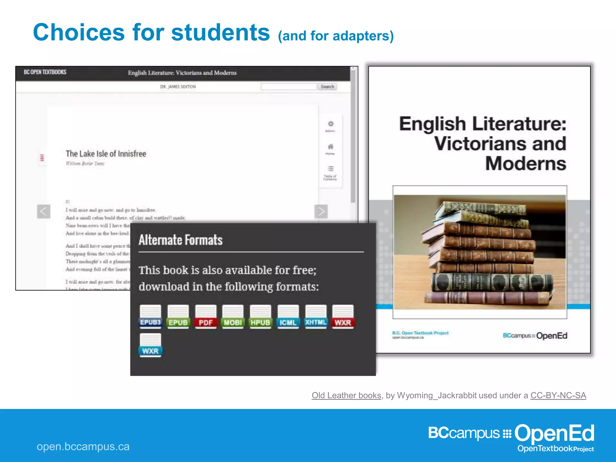 Choices for students (and for adapters)
Old Leather books, by Wyoming_Jackrabbit used under a CC-BY-NC-SA
 