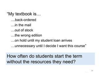 Page |
28
“My textbook is…
…back-ordered
…in the mail
…out of stock
…the wrong edition
…on hold until my student loan arrives
…unnecessary until I decide I want this course”
How often do students start the term
without the resources they need?
 