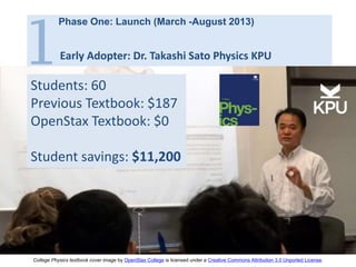 Page |
Students: 60
Previous Textbook: $187
OpenStax Textbook: $0
Student savings: $11,200
College Physics textbook cover image by OpenStax College is licensed under a Creative Commons Attribution 3.0 Unported License.
1
Phase One: Launch (March -August 2013)
Early Adopter: Dr. Takashi Sato Physics KPU
 