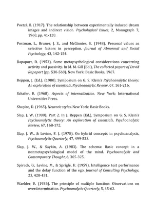 Poetzl,	
  O.	
  (1917).	
  The	
  relationship	
  between	
  experimentally	
  induced	
  dream	
  
images	
   and	
   indirect	
   vision.	
   Psychological	
   Issues,	
   2,	
   Monograph	
   7,	
  
1960,	
  pp.	
  41-­‐120.	
  
Postman,	
   L.,	
   Bruner,	
   J.	
   S.,	
   and	
   McGinnies,	
   E.	
   (1948).	
   Personal	
   values	
   as	
  
selective	
   factors	
   in	
   perception.	
   Journal	
   of	
   Abnormal	
   and	
   Social	
  
Psychology,	
  43,	
  142-­‐154.	
  
Rapaport,	
   D.	
   (1953).	
   Some	
   metapsychological	
   considerations	
   concerning	
  
activity	
  and	
  passivity.	
  In	
  M.	
  M.	
  Gill	
  (Ed.),	
  The	
  collected	
  papers	
  of	
  David	
  
Rapaport	
  (pp.	
  530-­‐568).	
  New	
  York:	
  Basic	
  Books,	
  1967.	
  
Reppen,	
  J.	
  (Ed.).	
  (1980).	
  Symposium	
  on	
  G.	
  S.	
  Klein’s	
  Psychoanalytic	
  theory:	
  
An	
  exploration	
  of	
  essentials.	
  Psychoanalytic	
  Review,	
  67,	
  161-­‐216.	
  
Schafer,	
   R.	
   (1968).	
   Aspects	
   of	
   internalization.	
   New	
   York:	
   International	
  
Universities	
  Press.	
  
Shapiro,	
  D.	
  (1965).	
  Neurotic	
  styles.	
  New	
  York:	
  Basic	
  Books.	
  
Slap,	
   J.	
   W.	
   (1980).	
   Part	
   2.	
   In	
   J.	
   Reppen	
   (Ed.),	
   Symposium	
   on	
   G.	
   S.	
   Klein's	
  
Psychoanalytic	
   theory:	
   An	
   exploration	
   of	
   essentials.	
   Psychoanalytic	
  
Review,	
  67,	
  168-­‐172.	
  
Slap,	
   J.	
   W.,	
   &	
   Levine,	
   F.	
   J.	
   (1978).	
   On	
   hybrid	
   concepts	
   in	
   psychoanalysis.	
  
Psychoanalytic	
  Quarterly,	
  47,	
  499-­‐523.	
  
Slap,	
   J.	
   W.,	
   &	
   Saykin,	
   A.	
   (1983).	
   The	
   schema:	
   Basic	
   concept	
   in	
   a	
  
nonmetapsychological	
   model	
   of	
   the	
   mind.	
   Psychoanalysis	
   and	
  
Contemporary	
  Thought,	
  6,	
  305-­‐325.	
  
Spivack,	
   G.,	
   Levine,	
   M.,	
   &	
   Sprigle,	
   H.	
   (1959).	
   Intelligence	
   test	
   performance	
  
and	
   the	
   delay	
   function	
   of	
   the	
   ego.	
   Journal	
  of	
  Consulting	
  Psychology,	
  
23,	
  428-­‐431.	
  
Waelder,	
   R.	
   (1936).	
   The	
   principle	
   of	
   multiple	
   function:	
   Observations	
   on	
  
overdetermination.	
  Psychoanalytic	
  Quarterly,	
  5,	
  45-­‐62.	
  
 
