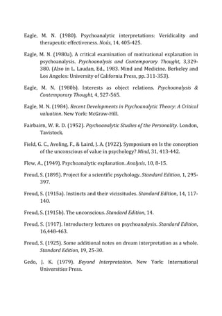 Eagle,	
   M.	
   N.	
   (1980).	
   Psychoanalytic	
   interpretations:	
   Veridicality	
   and	
  
therapeutic	
  effectiveness.	
  Noús,	
  14,	
  405-­‐425.	
  
Eagle,	
  M.	
  N.	
  (1980a).	
  A	
  critical	
  examination	
  of	
  motivational	
  explanation	
  in	
  
psychoanalysis.	
   Psychoanalysis	
   and	
   Contemporary	
   Thought,	
   3,329-­‐
380.	
  (Also	
  in	
  L.	
  Laudan,	
  Ed.,	
  1983.	
  Mind	
  and	
  Medicine.	
  Berkeley	
  and	
  
Los	
  Angeles:	
  University	
  of	
  California	
  Press,	
  pp.	
  311-­‐353).	
  
Eagle,	
   M.	
   N.	
   (1980b).	
   Interests	
   as	
   object	
   relations.	
   Psychoanalysis	
   &	
  
Contemporary	
  Thought,	
  4,	
  527-­‐565.	
  
Eagle,	
  M.	
  N.	
  (1984).	
  Recent	
  Developments	
  in	
  Psychoanalytic	
  Theory:	
  A	
  Critical	
  
valuation.	
  New	
  York:	
  McGraw-­‐Hill.	
  
Fairbairn,	
  W.	
  R.	
  D.	
  (1952).	
  Psychoanalytic	
  Studies	
  of	
  the	
  Personality.	
  London,	
  
Tavistock.	
  	
  
Field,	
  G.	
  C.,	
  Aveling,	
  F.,	
  &	
  Laird,	
  J.	
  A.	
  (1922).	
  Symposium	
  on	
  Is	
  the	
  conception	
  
of	
  the	
  unconscious	
  of	
  value	
  in	
  psychology?	
  Mind,	
  31,	
  413-­‐442.	
  
Flew,	
  A.,	
  (1949).	
  Psychoanalytic	
  explanation.	
  Analysis,	
  10,	
  8-­‐15.	
  
Freud,	
  S.	
  (1895).	
  Project	
  for	
  a	
  scientific	
  psychology.	
  Standard	
  Edition,	
  1,	
  295-­‐
397.	
  	
  
Freud,	
  S.	
  (1915a).	
  Instincts	
  and	
  their	
  vicissitudes.	
  Standard	
  Edition,	
  14,	
  117-­‐
140.	
  
Freud,	
  S.	
  (1915b).	
  The	
  unconscious.	
  Standard	
  Edition,	
  14.	
  
Freud,	
  S.	
  (1917).	
  Introductory	
  lectures	
  on	
  psychoanalysis.	
  Standard	
  Edition,	
  
16,448-­‐463.	
  	
  
Freud,	
  S.	
  (1925).	
  Some	
  additional	
  notes	
  on	
  dream	
  interpretation	
  as	
  a	
  whole.	
  
Standard	
  Edition,	
  19,	
  25-­‐30.	
  
Gedo,	
   J.	
   K.	
   (1979).	
   Beyond	
   Interpretation.	
   New	
   York:	
   International	
  
Universities	
  Press.	
  	
  
 
