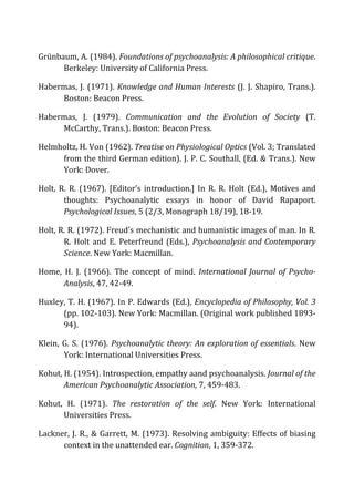 Grünbaum,	
  A.	
  (1984).	
  Foundations	
  of	
  psychoanalysis:	
  A	
  philosophical	
  critique.	
  
Berkeley:	
  University	
  of	
  California	
  Press.	
  
Habermas,	
  J.	
  (1971).	
  Knowledge	
  and	
  Human	
  Interests	
  (J.	
  J.	
  Shapiro,	
  Trans.).	
  
Boston:	
  Beacon	
  Press.	
  
Habermas,	
   J.	
   (1979).	
   Communication	
   and	
   the	
   Evolution	
   of	
   Society	
   (T.	
  
McCarthy,	
  Trans.).	
  Boston:	
  Beacon	
  Press.	
  
Helmholtz,	
  H.	
  Von	
  (1962).	
  Treatise	
  on	
  Physiological	
  Optics	
  (Vol.	
  3;	
  Translated	
  
from	
  the	
  third	
  German	
  edition).	
  J.	
  P.	
  C.	
  Southall,	
  (Ed.	
  &	
  Trans.).	
  New	
  
York:	
  Dover.	
  
Holt,	
   R.	
   R.	
   (1967).	
   [Editor’s	
   introduction.]	
   In	
   R.	
   R.	
   Holt	
   (Ed.),	
   Motives	
   and	
  
thoughts:	
   Psychoanalytic	
   essays	
   in	
   honor	
   of	
   David	
   Rapaport.	
  
Psychological	
  Issues,	
  5	
  (2/3,	
  Monograph	
  18/19),	
  18-­‐19.	
  
Holt,	
  R.	
  R.	
  (1972).	
  Freud’s	
  mechanistic	
  and	
  humanistic	
  images	
  of	
  man.	
  In	
  R.	
  
R.	
  Holt	
  and	
  E.	
  Peterfreund	
  (Eds.),	
  Psychoanalysis	
  and	
  Contemporary	
  
Science.	
  New	
  York:	
  Macmillan.	
  
Home,	
   H.	
   J.	
   (1966).	
   The	
   concept	
   of	
   mind.	
   International	
   Journal	
   of	
   Psycho-­‐
Analysis,	
  47,	
  42-­‐49.	
  
Huxley,	
  T.	
  H.	
  (1967).	
  In	
  P.	
  Edwards	
  (Ed.),	
  Encyclopedia	
  of	
  Philosophy,	
  Vol.	
  3	
  
(pp.	
  102-­‐103).	
  New	
  York:	
  Macmillan.	
  (Original	
  work	
  published	
  1893-­‐
94).	
  
Klein,	
  G.	
  S.	
  (1976).	
  Psychoanalytic	
  theory:	
  An	
  exploration	
  of	
  essentials.	
  New	
  
York:	
  International	
  Universities	
  Press.	
  
Kohut,	
  H.	
  (1954).	
  Introspection,	
  empathy	
  aand	
  psychoanalysis.	
  Journal	
  of	
  the	
  
American	
  Psychoanalytic	
  Association,	
  7,	
  459-­‐483.	
  
Kohut,	
   H.	
   (1971).	
   The	
   restoration	
   of	
   the	
   self.	
   New	
   York:	
   International	
  
Universities	
  Press.	
  
Lackner,	
  J.	
  R.,	
  &	
  Garrett,	
  M.	
  (1973).	
  Resolving	
  ambiguity:	
  Effects	
  of	
  biasing	
  
context	
  in	
  the	
  unattended	
  ear.	
  Cognition,	
  1,	
  359-­‐372.	
  
 