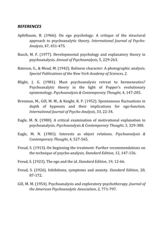REFERENCES	
  
Apfelbaum,	
   B.	
   (1966).	
   On	
   ego	
   psychology:	
   A	
   critique	
   of	
   the	
   structural	
  
approach	
   to	
   psychoanalytic	
   theory.	
   International	
  Journal	
  of	
  Psycho-­‐
Analysis,	
  47,	
  451-­‐475.	
  
Basch,	
  M.	
  F.	
  (1977).	
  Developmental	
  psychology	
  and	
  explanatory	
  theory	
  in	
  
psychoanalysis.	
  Annual	
  of	
  Psychoanalysis,	
  5,	
  229-­‐263.	
  
Bateson,	
  G.,	
  &	
  Mead,	
  M.	
  (1942).	
  Balinese	
  character:	
  A	
  photographic	
  analysis.	
  
Special	
  Publications	
  of	
  the	
  New	
  York	
  Academy	
  of	
  Sciences,	
  2.	
  
Blight,	
   J.	
   G.	
   (1981).	
   Must	
   psychoanalysis	
   retreat	
   to	
   hermeneutics?	
  
Psychoanalytic	
   theory	
   in	
   the	
   light	
   of	
   Popper’s	
   evolutionary	
  
epistemology.	
  Psychoanalysis	
  &	
  Contemporary	
  Thought,	
  4,	
  147-­‐205.	
  
Brenman,	
  M.,	
  Gill,	
  M.	
  M.,	
  &	
  Knight,	
  R.	
  P.	
  (1952).	
  Spontaneous	
  fluctuations	
  in	
  
depth	
   of	
   hypnosis	
   and	
   their	
   implications	
   for	
   ego-­‐function.	
  
International	
  Journal	
  of	
  Psycho-­‐Analysis,	
  33,	
  22-­‐34.	
  
Eagle,	
   M.	
   N.	
   (1980).	
   A	
   critical	
   examination	
   of	
   motivational	
   explanation	
   in	
  
psychoanalysis.	
  Psychoanalysis	
  &	
  Contemporary	
  Thought,	
  3,	
  329-­‐380.	
  
Eagle,	
   M.	
   N.	
   (1981).	
   Interests	
   as	
   object	
   relations.	
   Psychoanalysis	
   &	
  
Contemporary	
  Thought,	
  4,	
  527-­‐565.	
  
Freud,	
  S.	
  (1913).	
  On	
  beginning	
  the	
  treatment:	
  Further	
  recommendations	
  on	
  
the	
  technique	
  of	
  psycho-­‐analysis.	
  Standard	
  Edition,	
  12,	
  147-­‐156.	
  
Freud,	
  S.	
  (1923).	
  The	
  ego	
  and	
  the	
  id.	
  Standard	
  Edition,	
  19,	
  12-­‐66.	
  
Freud,	
  S.	
  (1926).	
  Inhibitions,	
  symptoms	
  and	
  anxiety.	
  Standard	
  Edition,	
  20,	
  
87-­‐172.	
  
Gill,	
  M.	
  M.	
  (1954).	
  Psychoanalysis	
  and	
  exploratory	
  psychotherapy.	
  Journal	
  of	
  
the	
  American	
  Psychoanalytic	
  Association,	
  2,	
  771-­‐797.	
  
 
