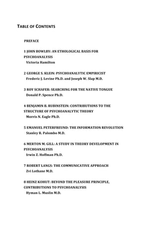TABLE	
  OF	
  CONTENTS	
  
PREFACE	
  
1	
  JOHN	
  BOWLBY:	
  AN	
  ETHOLOGICAL	
  BASIS	
  FOR	
  
PSYCHOANALYSIS
Victoria Hamilton
2 GEORGE S. KLEIN: PSYCHOANALYTIC EMPIRICIST
Frederic J. Levine Ph.D. and Joseph W. Slap M.D.
3 ROY SCHAFER: SEARCHING FOR THE NATIVE TONGUE
Donald P. Spence Ph.D.
4 BENJAMIN B. RUBINSTEIN: CONTRIBUTIONS TO THE
STRUCTURE OF PSYCHOANALYTIC THEORY
Morris N. Eagle Ph.D.
5 EMANUEL PETERFREUND: THE INFORMATION REVOLUTION
Stanley R. Palombo M.D.
6 MERTON M. GILL: A STUDY IN THEORY DEVELOPMENT IN
PSYCHOANALYSIS
Irwin Z. Hoffman Ph.D.
7 ROBERT LANGS: THE COMMUNICATIVE APPROACH
Zvi Lothane M.D.
8 HEINZ KOHUT: BEYOND THE PLEASURE PRINCIPLE,
CONTRIBUTIONS TO PSYCHOANALYSIS
Hyman L. Muslin M.D.
 