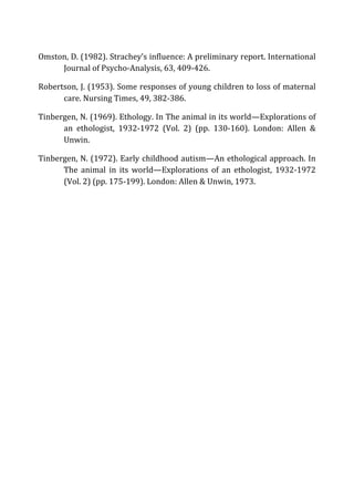 Omston,	
  D.	
  (1982).	
  Strachey’s	
  influence:	
  A	
  preliminary	
  report.	
  International	
  
Journal	
  of	
  Psycho-­‐Analysis,	
  63,	
  409-­‐426.	
  
Robertson,	
  J.	
  (1953).	
  Some	
  responses	
  of	
  young	
  children	
  to	
  loss	
  of	
  maternal	
  
care.	
  Nursing	
  Times,	
  49,	
  382-­‐386.	
  
Tinbergen,	
  N.	
  (1969).	
  Ethology.	
  In	
  The	
  animal	
  in	
  its	
  world—Explorations	
  of	
  
an	
   ethologist,	
   1932-­‐1972	
   (Vol.	
   2)	
   (pp.	
   130-­‐160).	
   London:	
   Allen	
   &	
  
Unwin.	
  
Tinbergen,	
  N.	
  (1972).	
  Early	
  childhood	
  autism—An	
  ethological	
  approach.	
  In	
  
The	
   animal	
   in	
   its	
   world—Explorations	
   of	
   an	
   ethologist,	
   1932-­‐1972	
  
(Vol.	
  2)	
  (pp.	
  175-­‐199).	
  London:	
  Allen	
  &	
  Unwin,	
  1973.	
  	
  
	
  
 