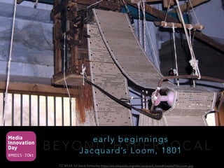 Media
Innovation
Day
#MID15 · 7.Okt.
B E Y O N D H Y P E R L O C A L
early beginnings 
Jacquard’s Loom, 1801
CC BY-SA 3.0 Steve Kimberley https://en.wikipedia.org/wiki/Jacquard_loom#/media/File:Loom.jpg
 