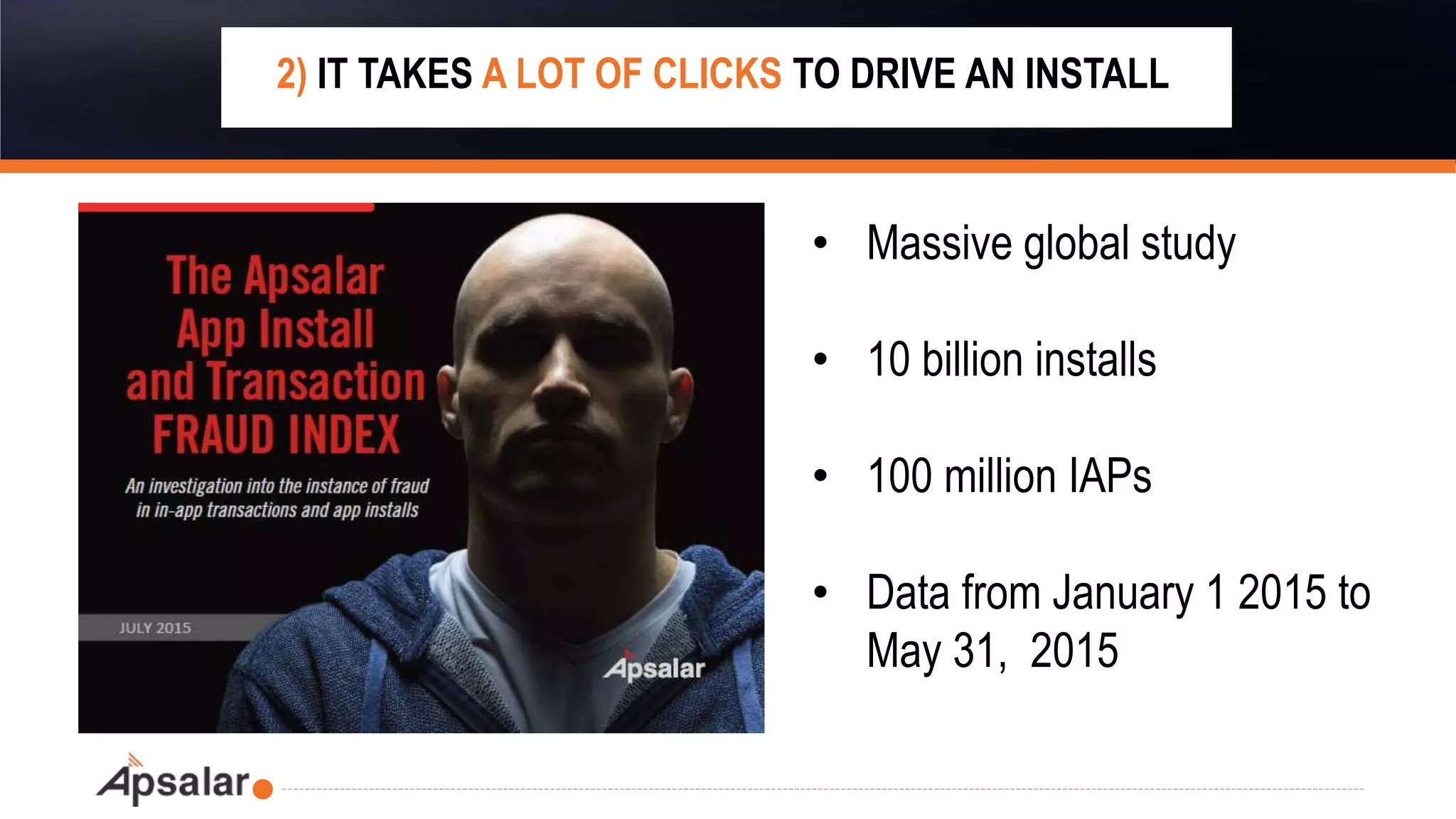 • Massive global study
• 10 billion installs
• 100 million IAPs
• Data from January 1 2015 to
May 31, 2015
2) IT TAKES A LOT OF CLICKS TO DRIVE AN INSTALL
 