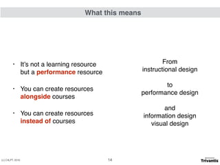 • It’s not a learning resource  
but a performance resource
• You can create resources
alongside courses
• You can create resources
instead of courses
From
instructional design
to
performance design
and
information design
visual design
What this means
(c) C4LPT, 2016 14
 