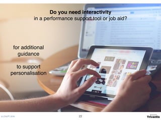 (c) C4LPT, 2016
Do you need interactivity 
in a performance support tool or job aid?
for additional
guidance
to support
personalisation
22
 