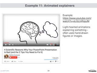 (c) C4LPT, 2016
Example: 
https://www.youtube.com/
watch?v=eLGLtnRopJM
Light-hearted animations
explaining something -
often uses hand-drawn
ﬁgures or images.
Example 11: Animated explainers
34
 