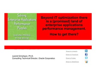 Beyond IT optimization there
                                   is a (promised) land of
      <Insert Picture Here>
                                   enterprise applications
                                 performance management.
                                           How to get there?



                                                    Share to LinkedIn

                                                    Share to Facebook
Leonid Grinshpan, Ph.D.
Consulting Technical Director, Oracle Corporation   Share toTwitter

                                                    Share to SlideShare
 