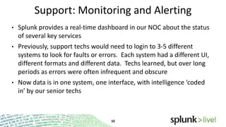 Support: Monitoring and Alerting
•

Splunk provides a real-time dashboard in our NOC about the status
of several key services

•

Previously, support techs would need to login to 3-5 different
systems to look for faults or errors. Each system had a different
UI, different formats and different data. Techs learned, but over
long periods as errors were often infrequent and obscure

•

Now data is in one system, one interface, with intelligence ‘coded
in’ by our senior techs

 