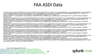 FAA ASDI Data
<trackInformation><nxcm:aircraftId>ACA117</nxcm:aircraftId><nxcm:speed>280</nxcm:speed><nxcm:reportedAltitude><nxce:assignedAltitude><nxce:simpleAltitud
e>103</nxce:simpleAltitude></nxce:assignedAltitude></nxcm:reportedAltitude><nxcm:position><nxce:latitude><nxce:latitudeDMS degrees="43" minutes="51"
direction="NORTH"/></nxce:latitude><nxce:longitude><nxce:longitudeDMS degrees="079" minutes="50"
direction="WEST"/></nxce:longitude></nxcm:position></trackInformation></asdiMessage><asdiMessage sourceFacility="CCZY" sourceTimeStamp="2009-0921T12:34:31Z"
trigger="TZ"><trackInformation><nxcm:aircraftId>MES3455</nxcm:aircraftId><nxcm:speed>400</nxcm:speed><nxcm:reportedAltitude><nxce:assignedAltitude><nxc
e:simpleAltitude>360</nxce:simpleAltitude></nxce:assignedAltitude></nxcm:reportedAltitude><nxcm:position><nxce:latitude><nxce:latitudeDMS degrees="42"
minutes="12" direction="NORTH"/></nxce:latitude><nxce:longitude><nxce:longitudeDMS degrees="076" minutes="16"
direction="WEST"/></nxce:longitude></nxcm:position></trackInformation></asdiMessage><asdiMessage sourceFacility="CCZW" sourceTimeStamp="2009-0921T12:34:31Z"
trigger="TZ"><trackInformation><nxcm:aircraftId>ACA114</nxcm:aircraftId><nxcm:speed>440</nxcm:speed><nxcm:reportedAltitude><nxce:assignedAltitude><nxce:
simpleAltitude>262</nxce:simpleAltitude></nxce:assignedAltitude></nxcm:reportedAltitude><nxcm:position><nxce:latitude><nxce:latitudeDMS degrees="53"
minutes="10" direction="NORTH"/></nxce:latitude><nxce:longitude><nxce:longitudeDMS degrees="111" minutes="54"
direction="WEST"/></nxce:longitude></nxcm:position></trackInformation></asdiMessage><asdiMessage sourceFacility="CCZY" sourceTimeStamp="2009-0921T12:34:32Z"
trigger="TZ"><trackInformation><nxcm:aircraftId>UAL801</nxcm:aircraftId><nxcm:speed>440</nxcm:speed><nxcm:reportedAltitude><nxce:assignedAltitude><nxce:
simpleAltitude>340</nxce:simpleAltitude></nxce:assignedAltitude></nxcm:reportedAltitude><nxcm:position><nxce:latitude><nxce:latitudeDMS degrees="42"
minutes="59" direction="NORTH"/></nxce:latitude><nxce:longitude><nxce:longitudeDMS degrees="082" minutes="52"
direction="WEST"/></nxce:longitude></nxcm:position></trackInformation></asdiMessage><asdiMessage sourceFacility="CCZY" sourceTimeStamp="2009-0921T12:34:32Z"
trigger="TZ"><trackInformation><nxcm:aircraftId>EJA802</nxcm:aircraftId><nxcm:speed>370</nxcm:speed><nxcm:reportedAltitude><nxce:assignedAltitude><nxce:
simpleAltitude>400</nxce:simpleAltitude></nxce:assignedAltitude></nxcm:reportedAltitude><nxcm:position><nxce:latitude><nxce:latitudeDMS degrees="42"
minutes="15" direction="NORTH"/></nxce:latitude><nxce:longitude><nxce:longitudeDMS degrees="078" minutes="52"
direction="WEST"/></nxce:longitude></nxcm:position></trackInformation></asdiMessage><asdiMessage sourceFacility="CCZW" sourceTimeStamp="2009-0921T12:34:32Z" trigger="UZ"><boundaryCrossingUpdate><nxcm:aircraftId>PAG113</nxcm:aircraftId><nxcm:flightAircraftSpecs specialAircraftQualifier="B757_TCAS"
equipmentQualifier="G">BE99</nxcm:flightAircraftSpecs>

* http://www.fly.faa.gov/ASDI/asdi.html

 