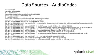 Data Sources - AudioCodes
Max-Forwards: 70
User-Agent: AeroV-Gateway
CSeq: 102 OPTIONS
Call-ID: 66bac96862403ef05c1aac9922e3d3d2@63.###.###.238
Contact: <sip:AeroV-Gateway@63.###.###.238>
To: <sip:63.###.###.241>
From: "AeroV-Gateway" <sip:AeroV-Gateway@63.###.###.238>;tag=as7a930744
Via: SIP/2.0/UDP 63.###.###.238:5060;branch=z9hG4bK47c1eef2;rport
Sep 14 14:50:02 63.###.###.241 OPTIONS sip:63.###.###.241 SIP/2.0
Sep 14 14:50:02 63.###.###.241 (
lgr_flow)(658474 ) ---- Incoming SIP Message from 63.###.###.238:5060 to SIPInterface #0 UdpTransportObject[#3343] --- [Time: 09-14-2013@14:50:02]
Sep 14 14:50:02 63.###.###.241 ( sip_stack)(658473 ) New SIPMessage created - #15 [Time: 09-14-2013@14:50:02]
Sep 14 14:49:58 63.###.###.241 ( sip_stack)(658472 ) SIPDialog(#138) changes state from DialogDisconnected to DialogIdle [Time: 09-14-2013@14:49:58]
Sep 14 14:49:58 63.###.###.241 (
lgr_flow)(658471 ) |
| TransactionUserMngr::ReturnDialog - #138 [Time: 09-14-2013@14:49:58]
Sep 14 14:49:53 63.###.###.241 ( sip_stack)(658470 ) Resource SIPMessage deleted - #12 [Time: 09-14-2013@14:49:53]
Sep 14 14:49:53 63.###.###.241 ( sip_stack)(658469 ) AcSIPStackAPI::FreeDialogAPI - #34 [Time: 09-14-2013@14:49:53]
Sep 14 14:49:53 63.###.###.241 ( sip_stack)(658468 ) SIPDialog(#138) changes state from DialogConnected to DialogDisconnected [Time: 09-142013@14:49:53]
Sep 14 14:49:53 63.###.###.241 (
lgr_flow)(658467 ) |
|(SIPTU#138)DIALOG_DISCONNECT_REQ
State:DialogConnected(370678c35bed1a1c1d2f36a20e0b0fd0@63.###.###.248) [Time: 09-14-2013@14:49:53]
Sep 14 14:49:53 63.###.###.241 ( sip_stack)(658466 ) Resource SIPMessage deleted - #70 [Time: 09-14-2013@14:49:53]

 