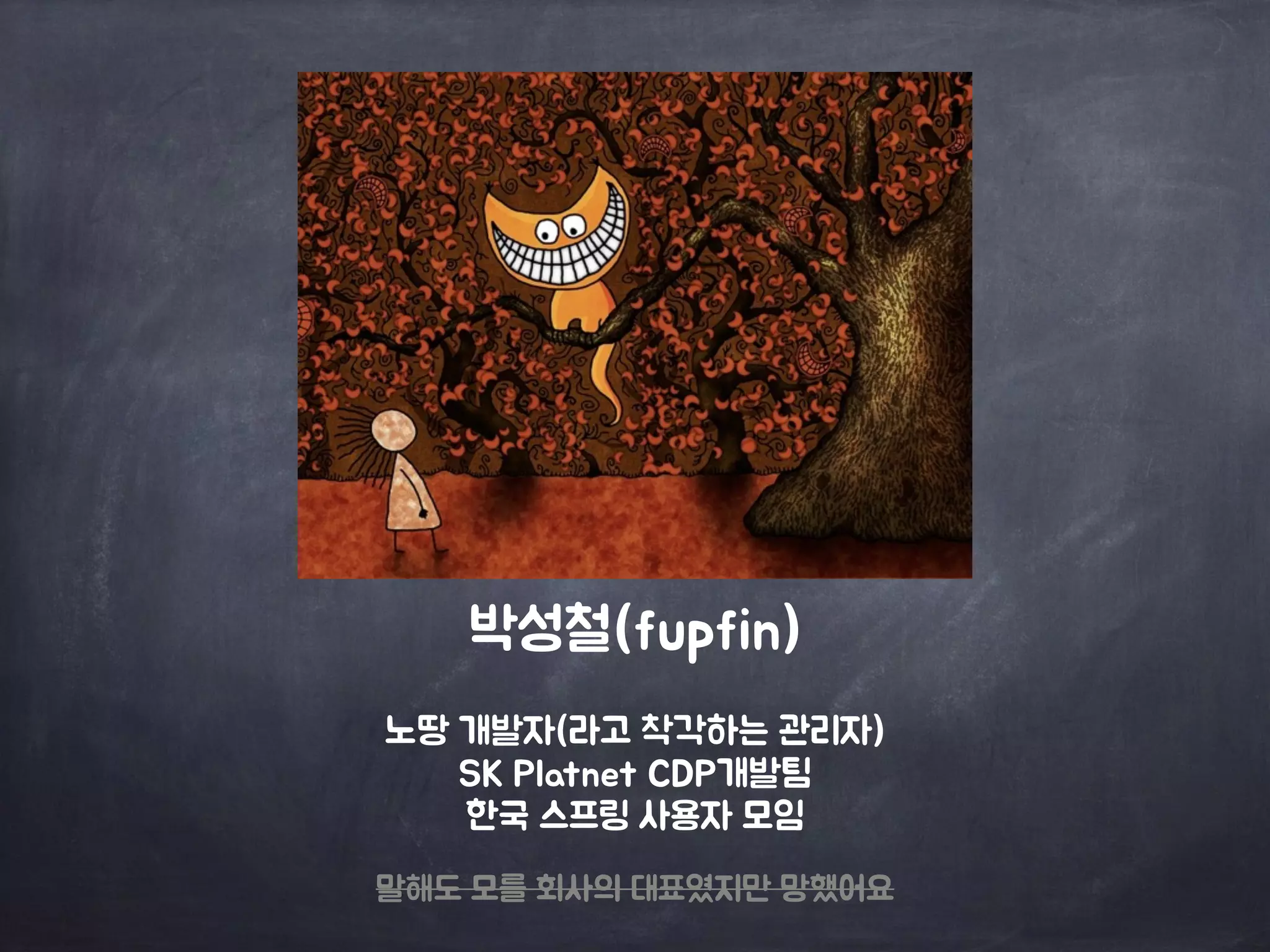 박성철(fupfin) 
노땅 개발자(라고 착각하는 관리자) 
SK Platnet CDP개발팀 
한국 스프링 사용자 모임 
말해도 모를 회사의 대표였지만 망했어요 
 