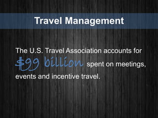 Travel Management
The U.S. Travel Association accounts for
$99 billion spent on meetings,
events and incentive travel.
 