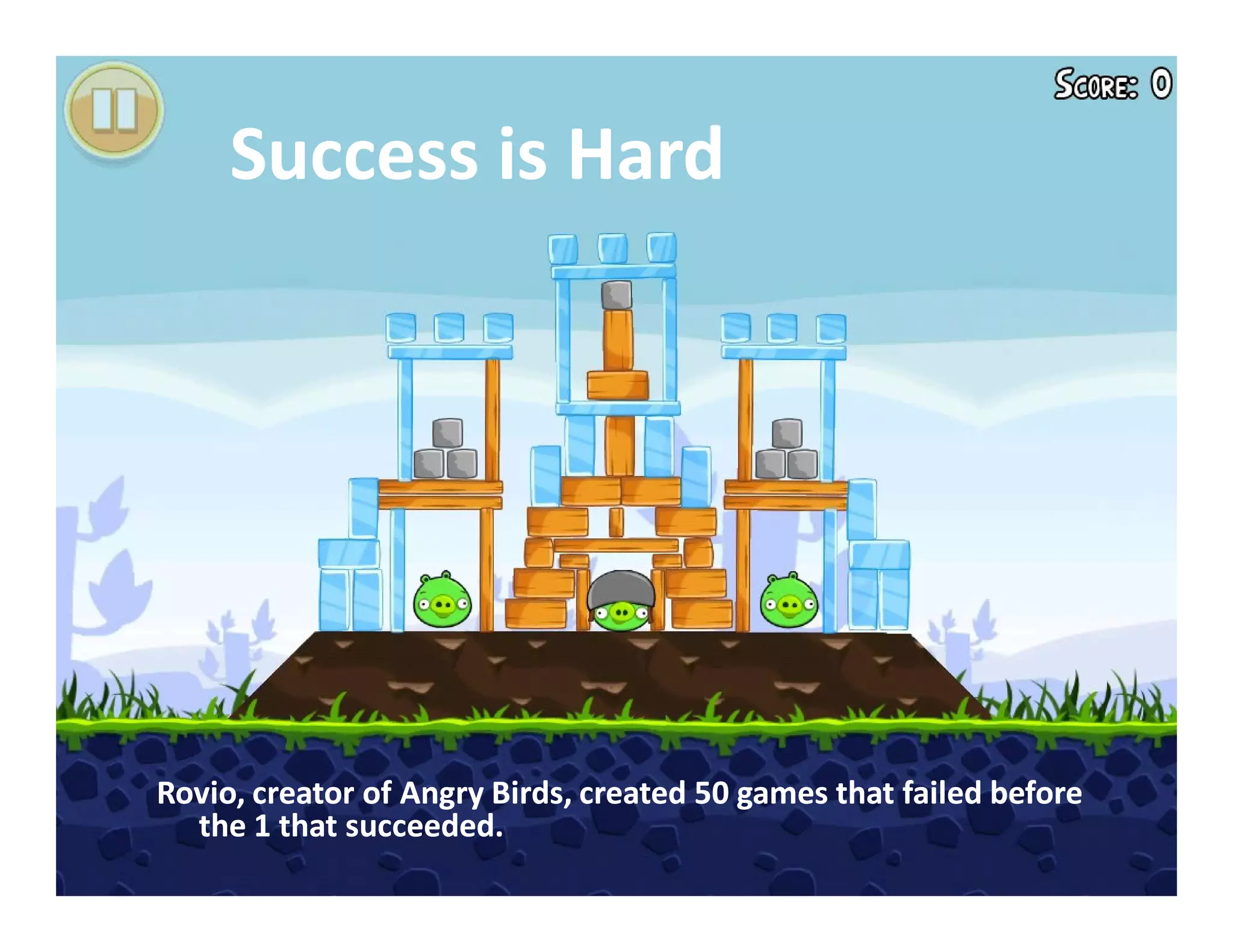 Success is Hard




Rovio,
Rovio, creator of Angry Birds, created 50 games that failed before
  the 1 that succeeded.
 