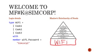 Login details
type Wifi =
| Cook1
| Cook2
| Cook3
with
member wifi.Password =
"Simcorp1"
Maslow’s Heircharchy of Needs
 